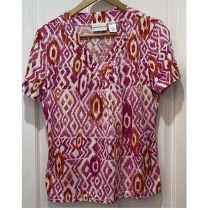 Alfred Dunner Multicolor Short Sleeve Beaded Neckline Top Women’s Size Small